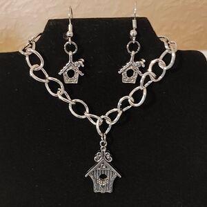 Silver Tone Birdhouse Charm Bracelet 7" and Earring Set Handmade